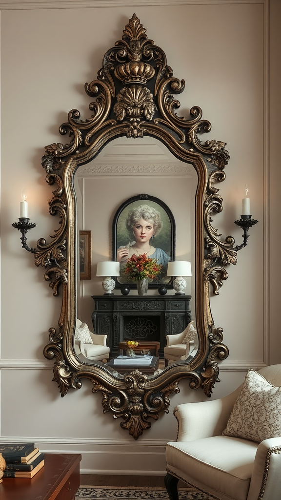 A vintage ornate mirror reflecting a cozy living room with soft furnishings and elegant decor.