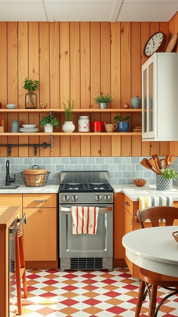 Cozy kitchen with vintage pine wood walls and dark wood kitchen backsplash.