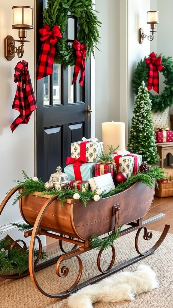 A vintage red sleigh filled with gifts, next to a small Christmas tree and a festive wreath.