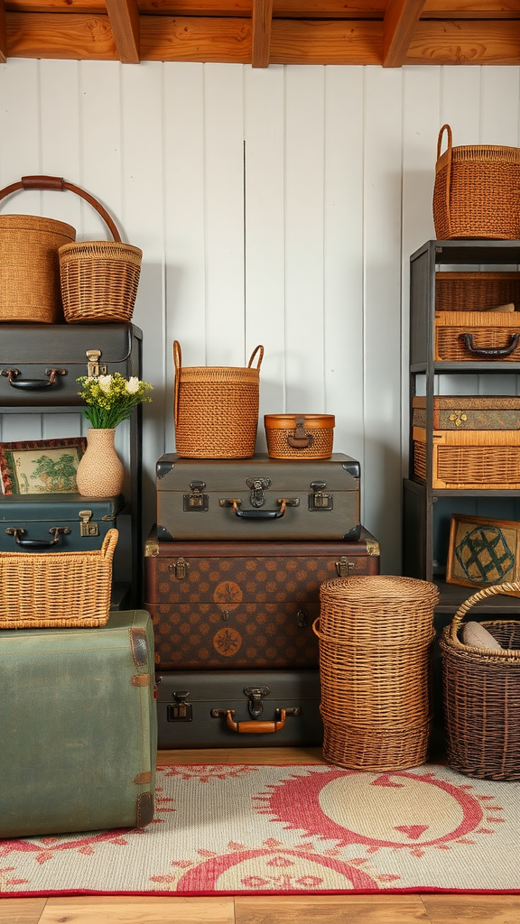 An arrangement of vintage suitcases and woven baskets in a cozy interior setting.