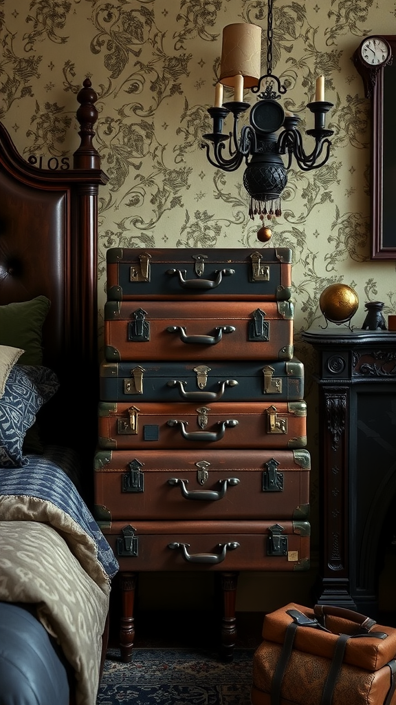 A stack of vintage suitcases next to a bed in a room with gothic boho decor.