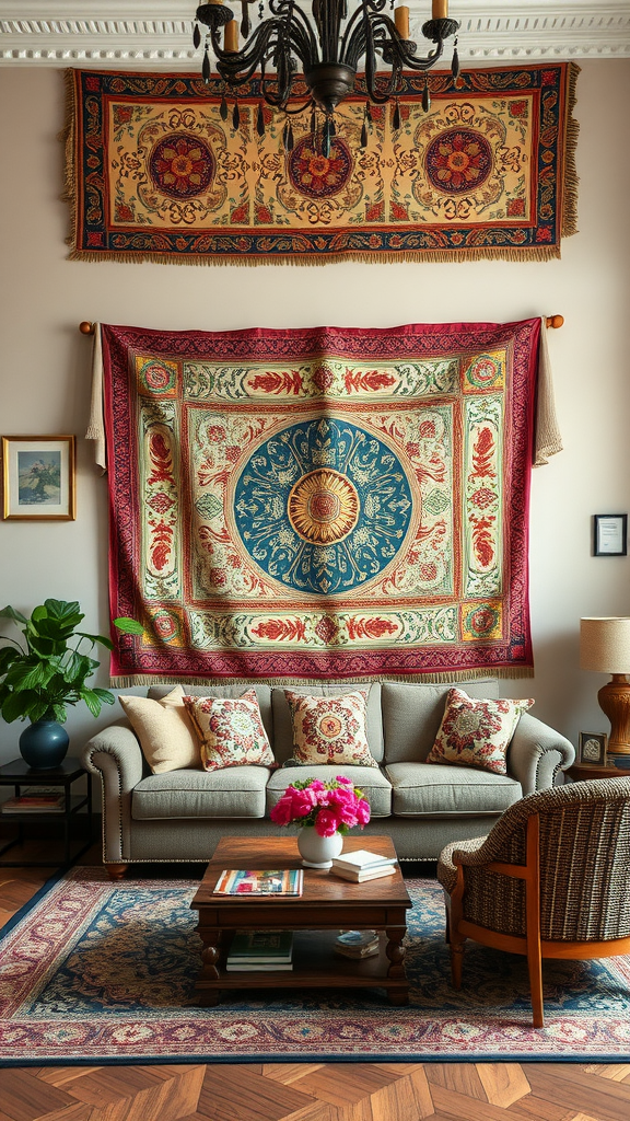 A cozy living room featuring vintage tapestries on the walls, a comfortable sofa, and a wooden coffee table.