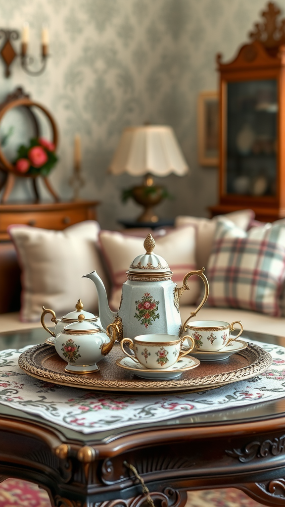 A vintage tea set on a decorative tray in a cozy living room, embodying castlecore aesthetics.