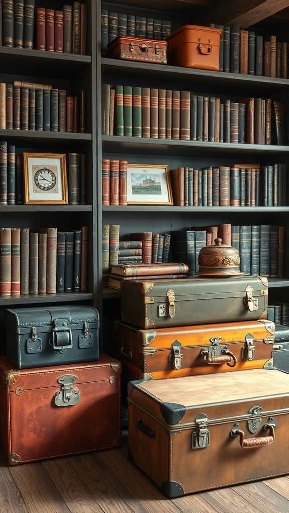A cozy library scene featuring vintage travel trunks and a bookshelf filled with classic books.