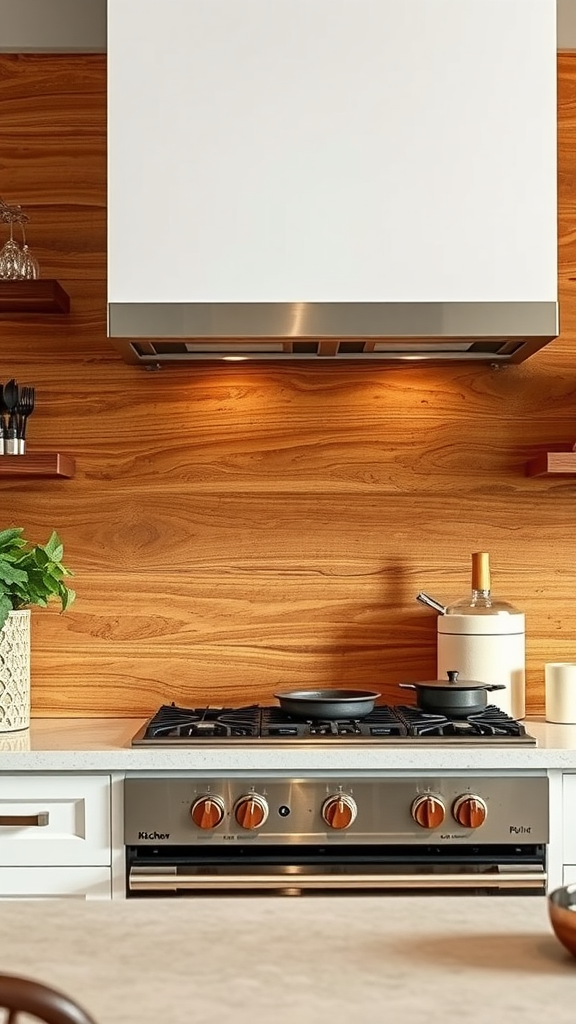 A modern kitchen with a walnut wood backsplash and copper accents on a stove.