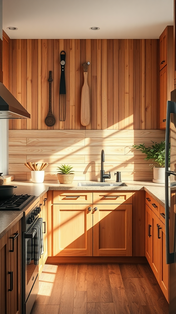 A cozy kitchen featuring warm cedar planks on the walls and wooden cabinets.