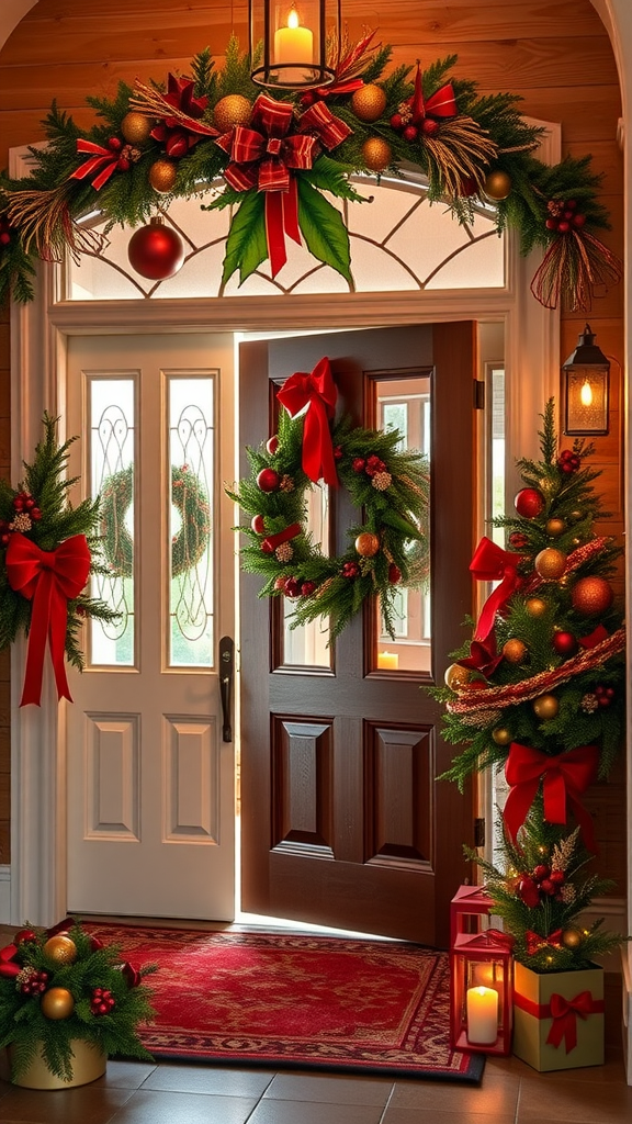 Festively decorated Christmas entryway with warm colors, featuring wreaths, garlands, and candles.