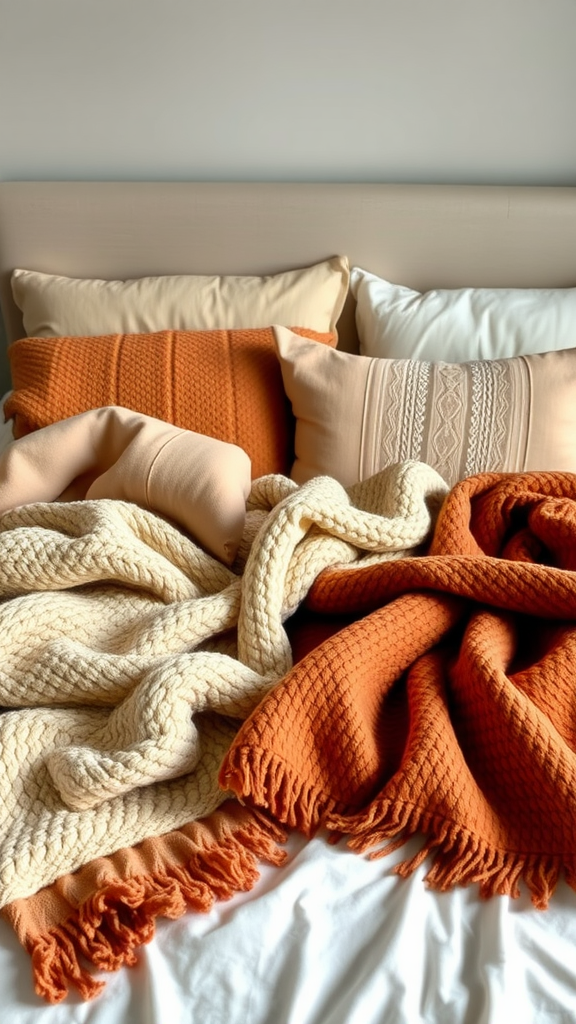 A collection of warm throws and blankets in orange and cream colors on a bed.