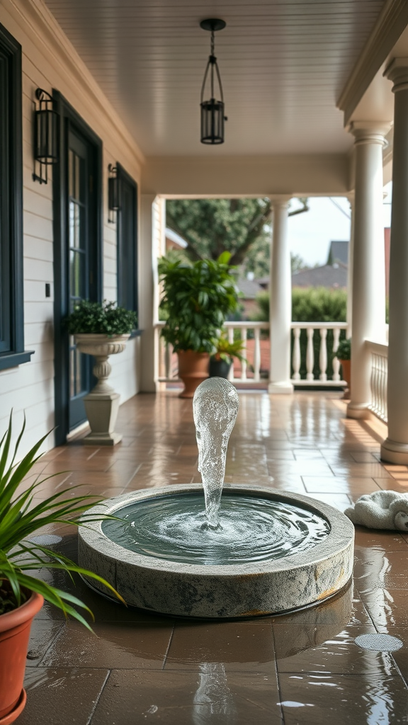A serene water feature on an eastern porch, showcasing a small fountain surrounded by greenery.