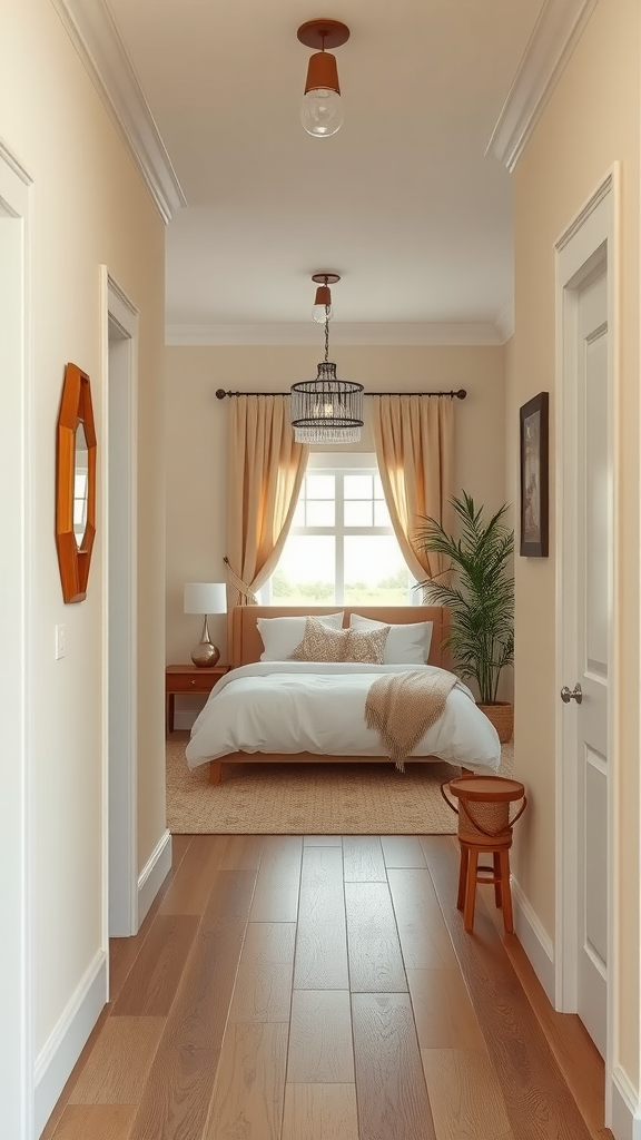 A cream-colored entryway leading to a cozy bedroom, featuring wooden floors and soft natural lighting.