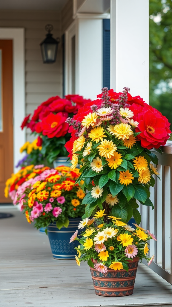 A beautiful arrangement of colorful flowers in pots on a porch.