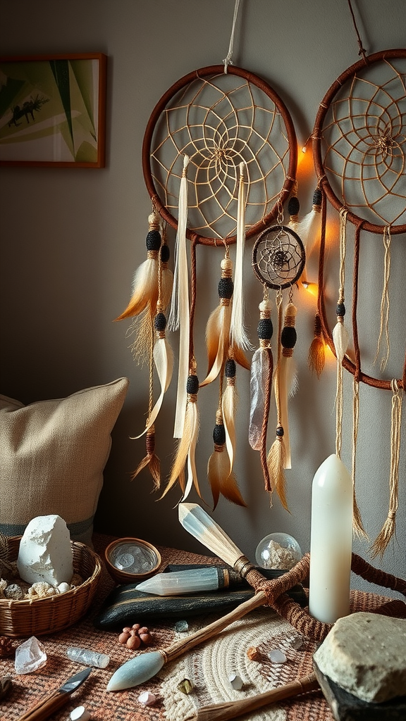 A cozy arrangement of dreamcatchers, crystals, and candles, showcasing gothic boho decor.