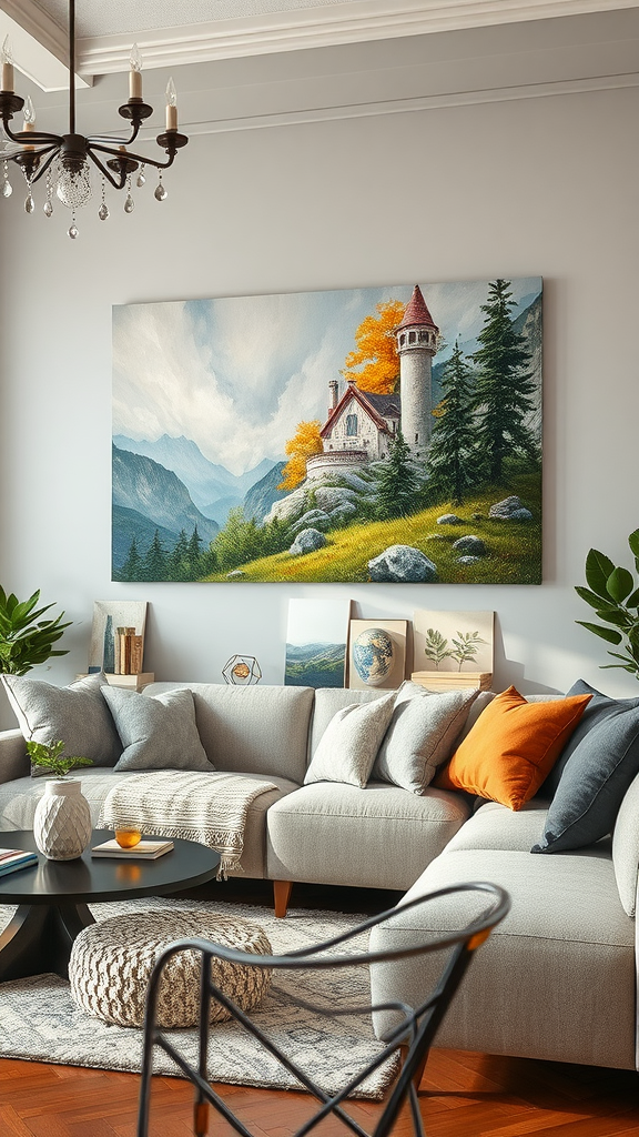 A whimsical painting of a castle surrounded by nature, showcased in a stylish living room