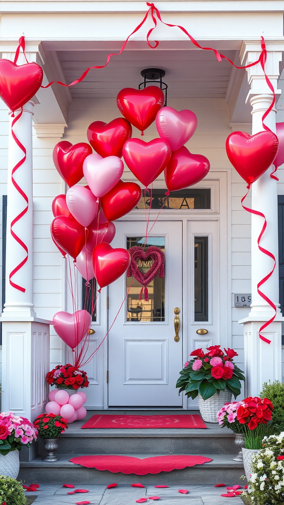 A porch decorated for Valentine's Day with heart-shaped balloons and flowers