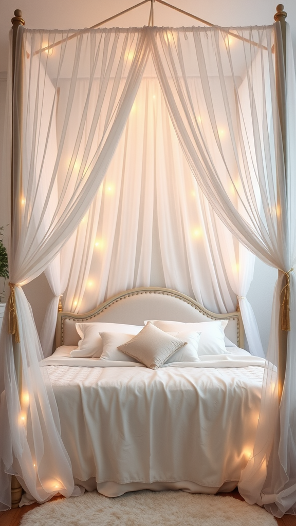 A cozy canopy bed with soft white drapes and warm fairy lights, creating a dreamy atmosphere.