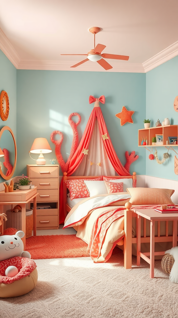 A bright and whimsical coral-themed bedroom with blue walls and playful decor.