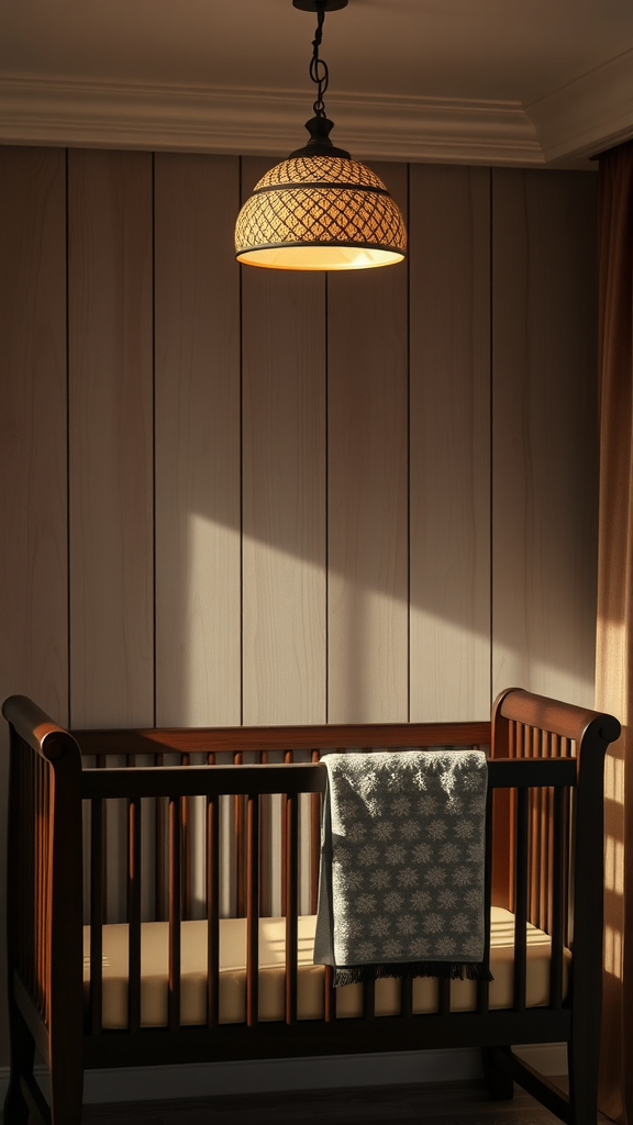 A cozy dark wood nursery featuring a whimsical pendant light above a crib.