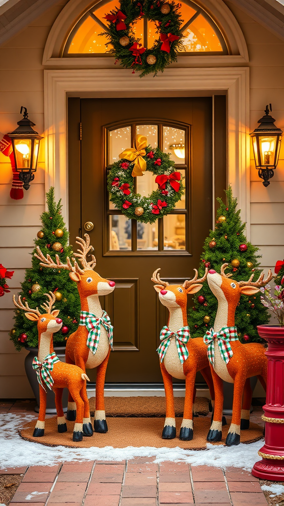 A cheerful Christmas entryway with reindeer decorations and a festive wreath on the door.