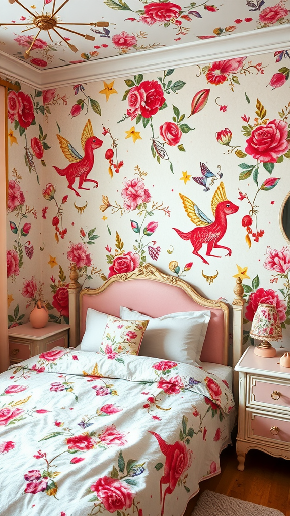 A colorful bedroom with whimsical wallpaper featuring flowers and birds, showcasing a cozy bed and decorative furnishings.