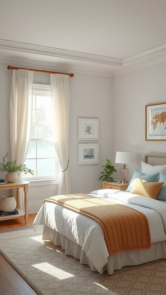 Cozy coastal bedroom with soft window treatments and a warm throw on the bed