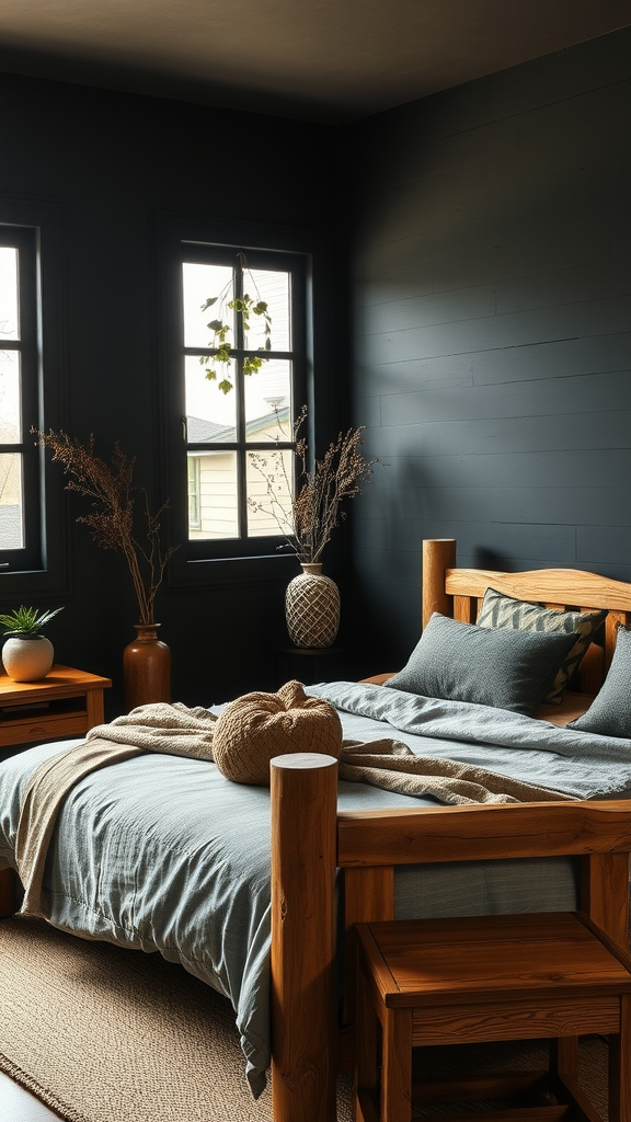 Cozy dark bedroom with wooden furniture accents