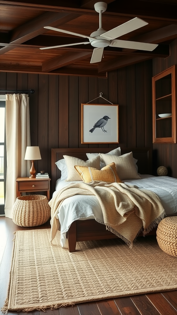 Cozy bedroom featuring woven textiles, dark wood furniture, and natural decor elements.