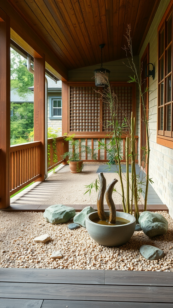 A serene eastern porch with a Zen garden featuring a water bowl, stones, and bamboo.
