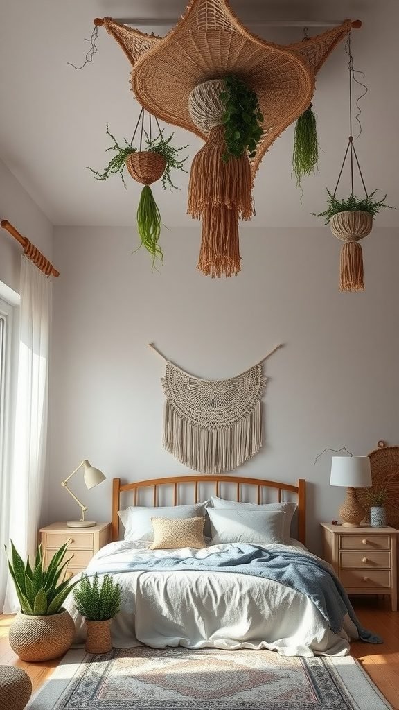 A dreamy boho bedroom with artistic ceiling decor featuring woven baskets and hanging plants.
