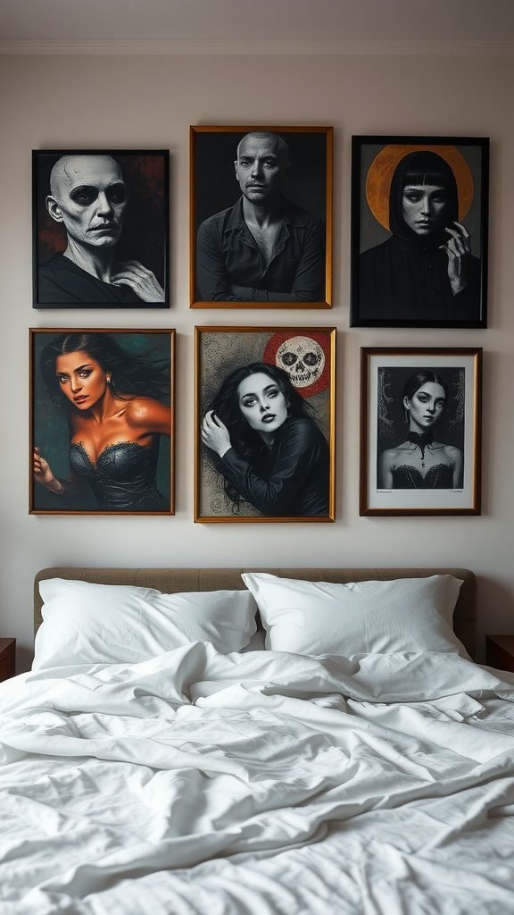 A dark feminine bedroom with artistic wall decor featuring striking portraits and a neatly made bed.