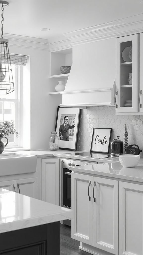 An elegant black and white kitchen with wall decor