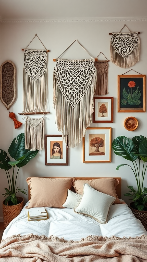 An eclectic boho bedroom featuring artistic wall hangings, including macramé designs and framed artwork, with plants and a cozy bed.