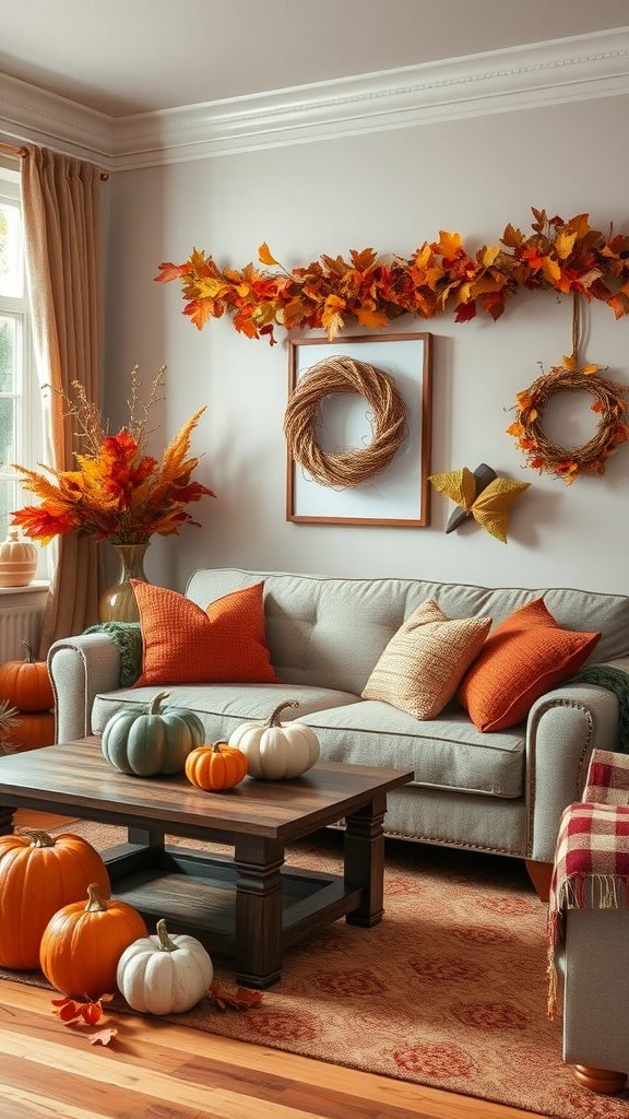 A cozy living room decorated with autumnal themes, featuring pumpkins and colorful leaves.
