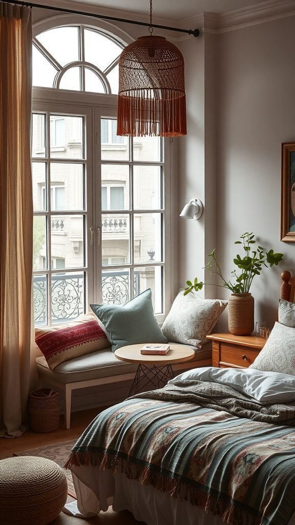 Cozy window seating area in a dreamy boho bedroom with cushions and plants.