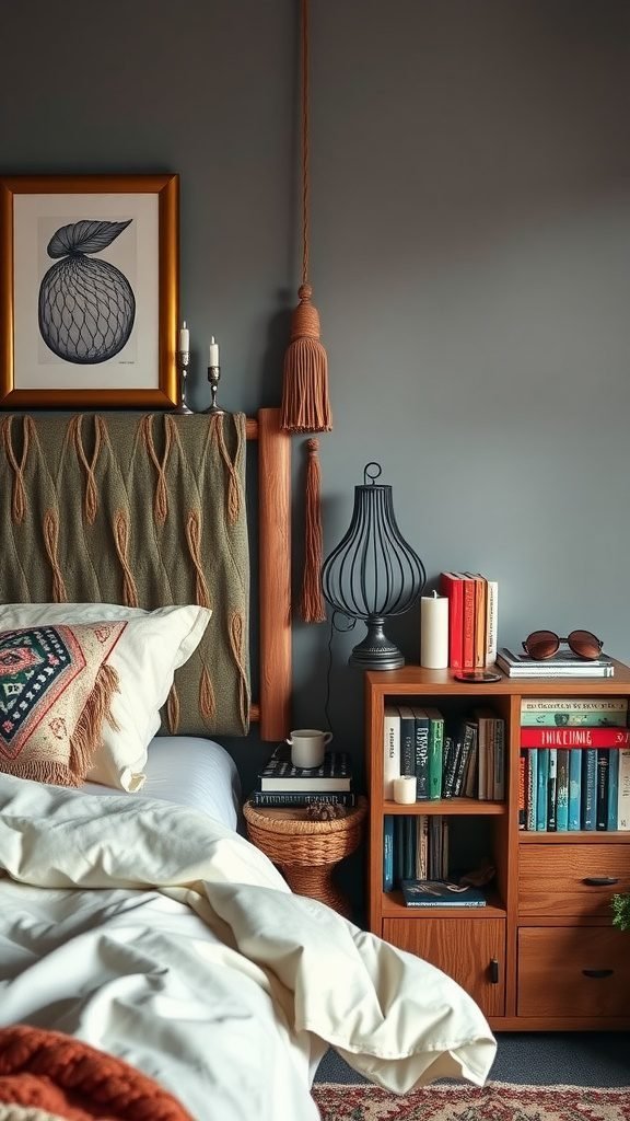 A cozy boho bedroom with unique bedside tables, warm wood tones, and decorative items.