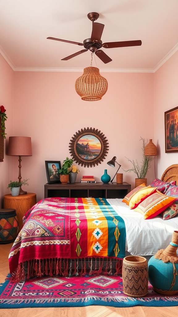 A vibrant Eclectic Boho Bedroom with pink walls, colorful bedspread, and woven decor.