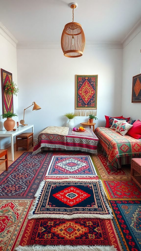 A cozy bohemian bedroom featuring various colorful rugs layered on the floor, showcasing unique patterns and textures.
