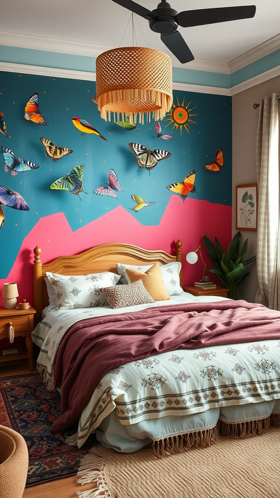 A vibrant room featuring a blue accent wall with butterflies and birds, a wooden bed with a cozy blanket, and a warm ambiance.