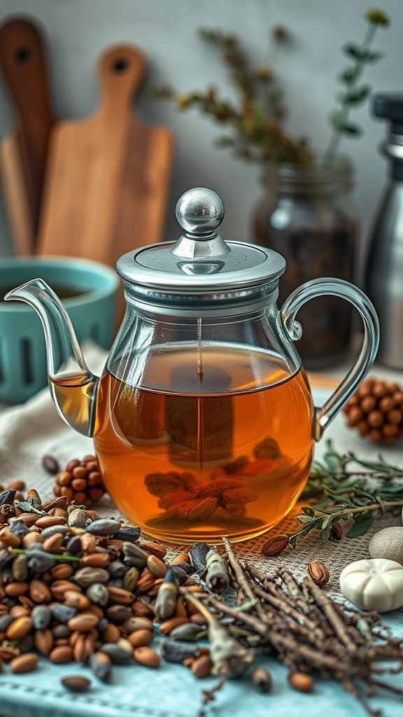 A glass teapot with brewed herbal tea surrounded by various nuts and seeds on a rustic table.