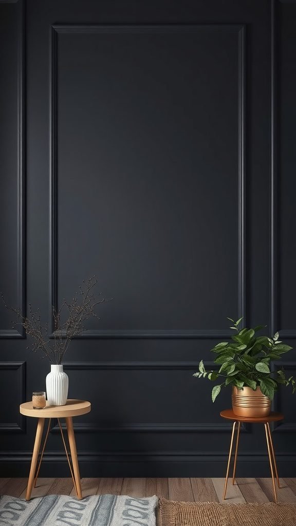 A dark accent wall with elegant paneling, featuring wooden side tables with a vase and a plant, in a classy bedroom setting.