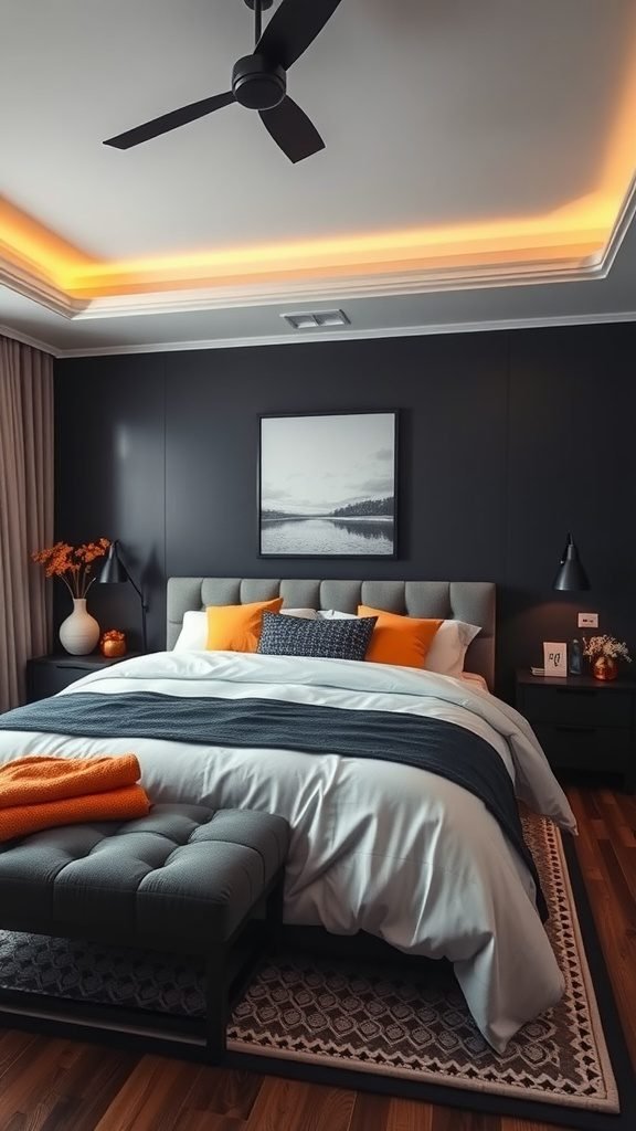 A dark feminine bedroom featuring black walls, white bedding, and bright orange accents.