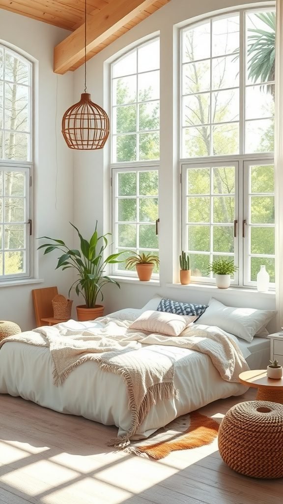 A bright and cozy boho bedroom with large windows, plants, and a soft bed.