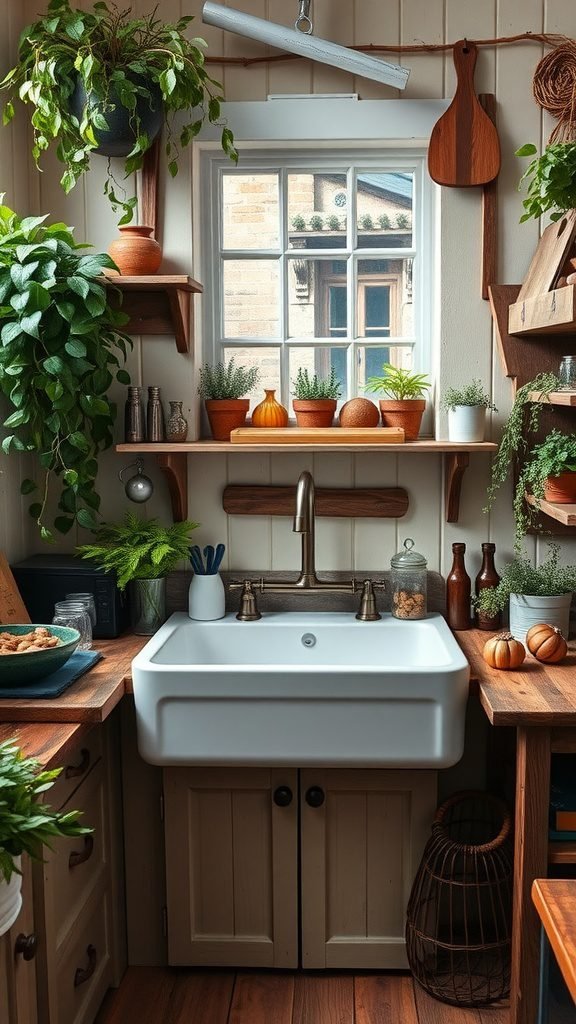 A cozy cottage kitchen sink surrounded by plants and wooden shelves, creating a warm and inviting atmosphere.