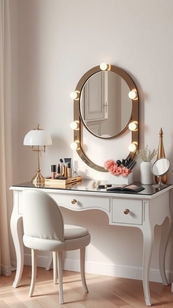 Chic vanity area with a white desk, round mirror, and pink flowers, designed for a dark feminine bedroom