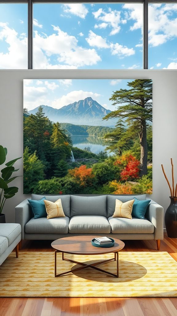 A cozy living room with a landscape photograph of mountains and a colorful forest, featuring a blue couch, yellow rug, and houseplants.