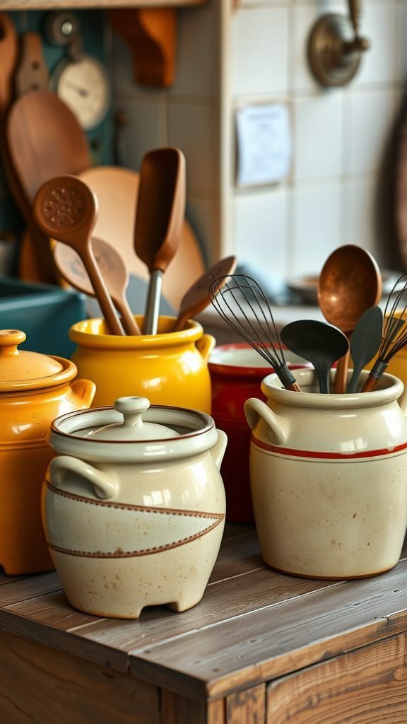 Colorful stoneware crocks in a kitchen, showcasing yellow, red, and cream containers filled with utensils.