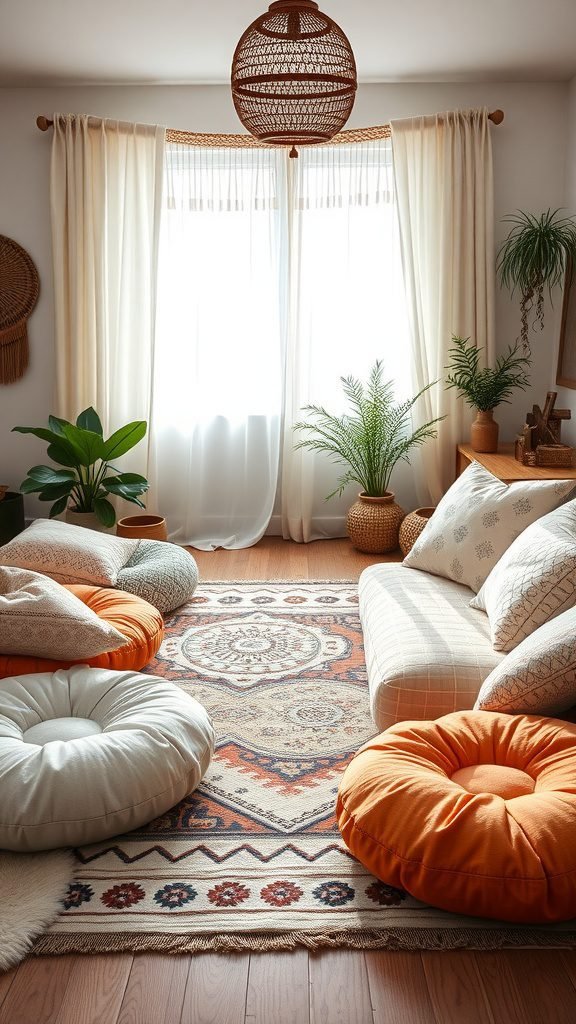 Cozy boho-style bedroom with floor cushions and natural light.
