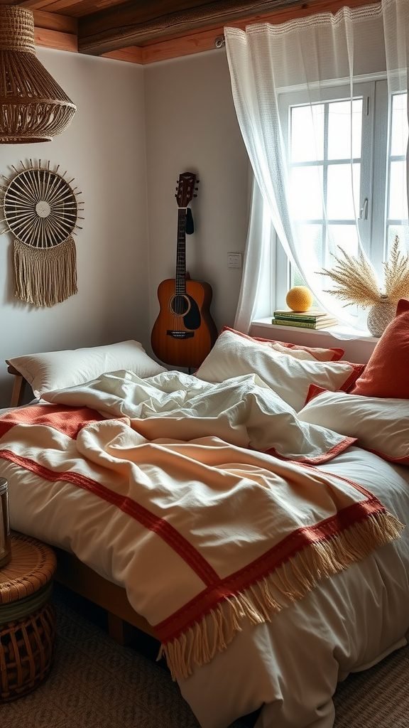 A cozy boho bedroom featuring layered bedding with soft pillows and a fringe blanket