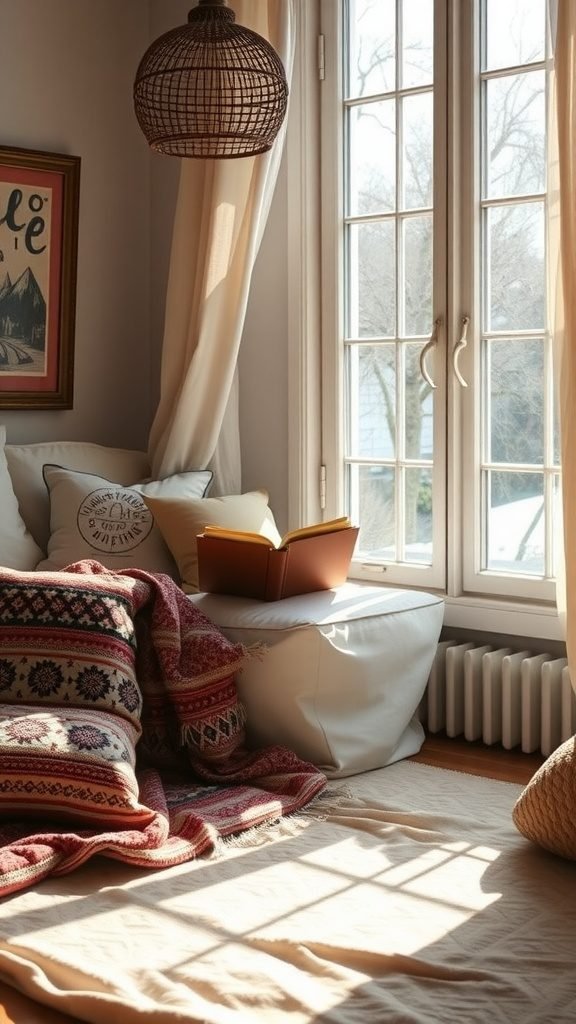 Cozy reading nook with pillows, a book, and large windows