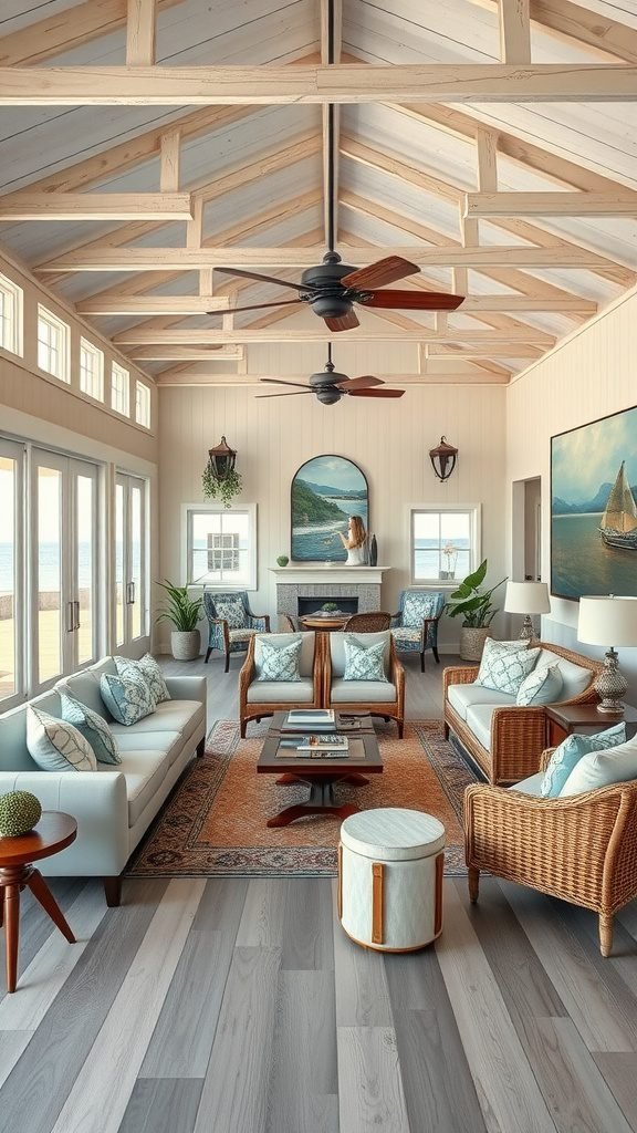 A bright and inviting coastal living room with high ceilings, white sofas, and blue accents.