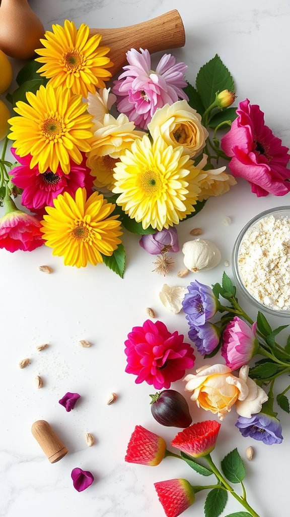 A colorful arrangement of edible flowers and ingredients in a kitchen setting.